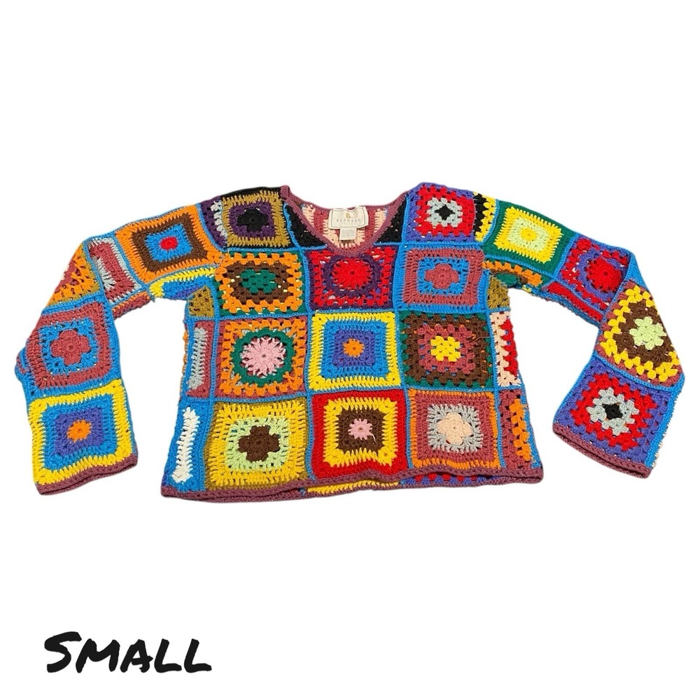 VTG Crochet Sweater Express TriCot Granny Square Women's‎ Multicolor Size SMALL